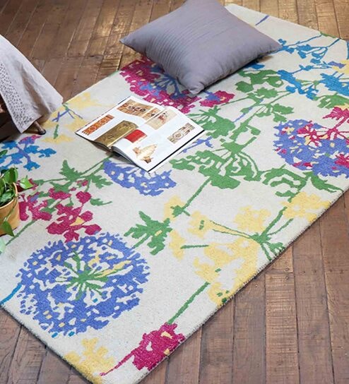 Multicolor Floral 100% Wool 4 ft x 6 ft Hand Tufted Carpet by Zeba