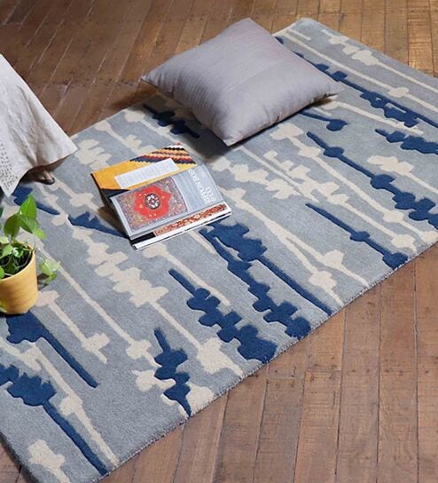 Blue 100% Wool Abstract 4 X 6 Feet Hand Tufted Carpet by Zeba