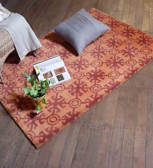 Orange Floral 100% Wool 4 ft x 6 ft Hand Tufted Carpet by Zeba
