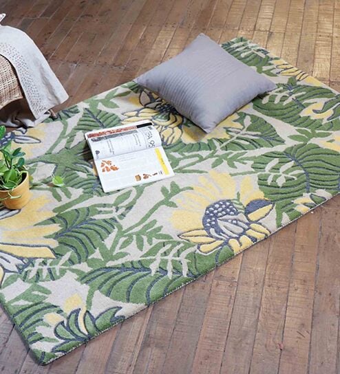 Green Floral 100% Wool 4 ft x 6 ft Hand Tufted Carpet by Zeba