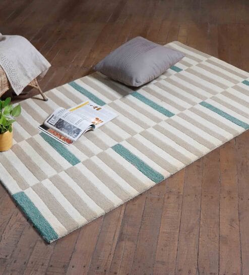 Off white 100% Wool Striped 4 X 6 Feet Hand Tufted Carpet by Zeba