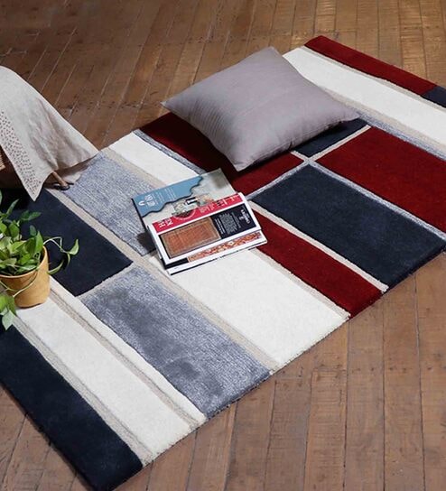 Multicolor Geometric 100% Wool 4 ft x 6 ft Hand Tufted Carpet by Zeba