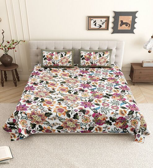 Off-white Floral 144 TC Cotton King Size  King Size Bedsheet With 2 Pillow Cover