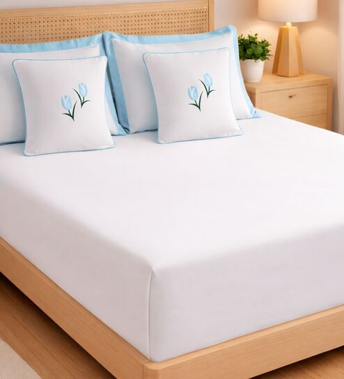 White With Aqua Blue 1000 Tc Cotton Contrast Bedsheet Set With 2 Pillow Covers & 2 Cushion Covers