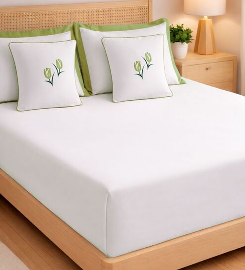 Olive Green 1000 Tc Cotton Contrast Bedsheet Set With 2 Pillow Covers & 2 Cushion Covers