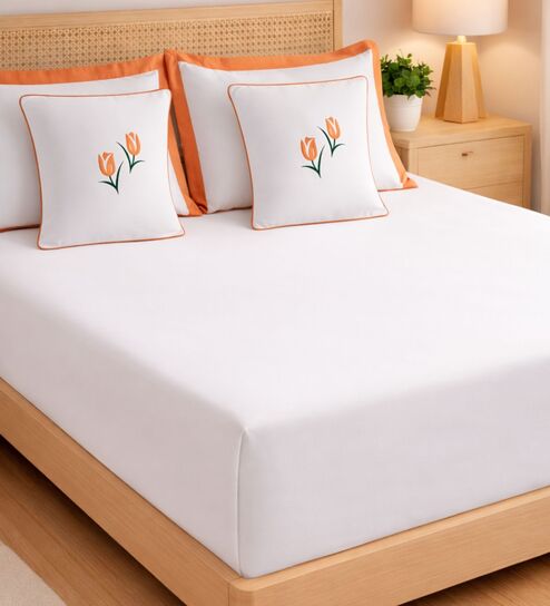 Peach 1000 Tc Cotton Contrast Bedsheet Set With 2 Pillow Covers & 2 Cushion Covers