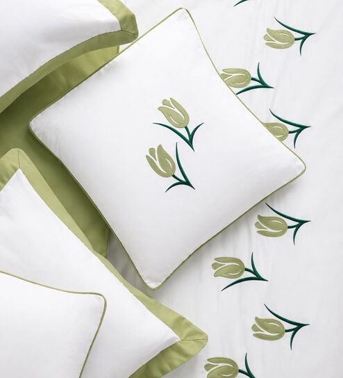 Olive Green 1000 Tc Cotton Tulip Embroidered Cushion Cover Pair