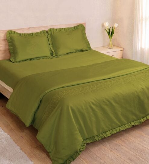 Olive Green 1000 Tc Cotton Embroidered King Duvet With Ruffles