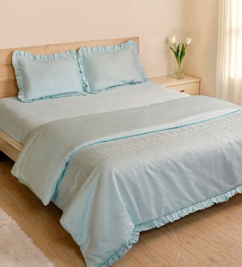 Aqua Blue 1000 Tc Cotton Embroidered King Duvet With Ruffles