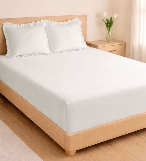 White 1000 Tc Cotton Bedsheet Set With 2 Pillow Covers & 2 Embroidered Cushion Covers-image-15