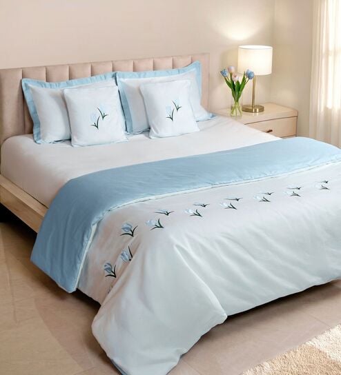 White With Aqua Blue 1000 Tc Cotton Reversible King Duvet