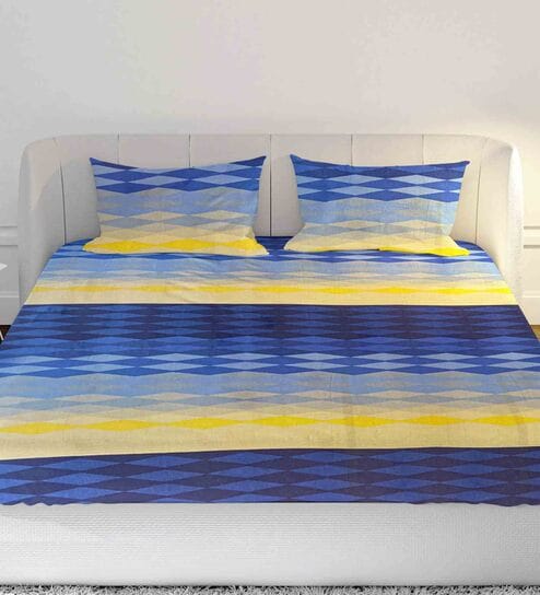 Blue Geometric 104 TC Cotton 1 Double Bedsheet with 2 Pillow Covers