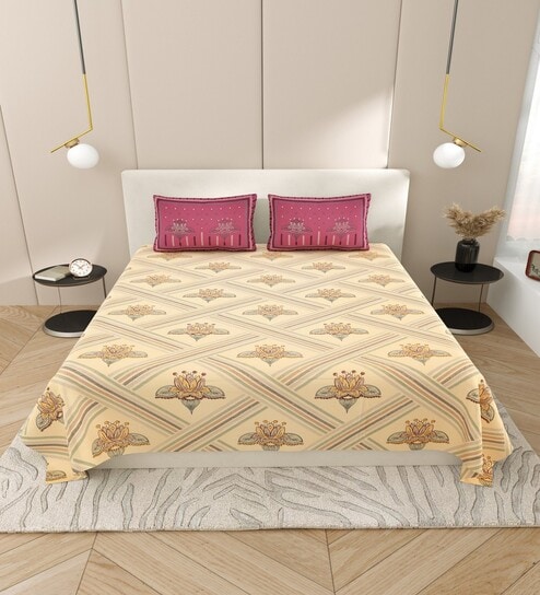 Cream Floral 144 TC Cotton King Size  Bedsheet With 2 Pillow Cover