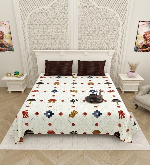 White Ethnic 144 TC Cotton King Size Bedsheet With 2 Pillow Cover White Ethnic 144 TC Cotton King Size Bedsheet With 2 Pillow Cover