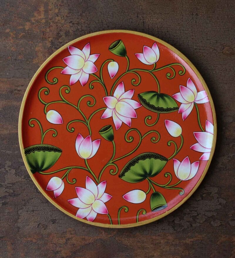 Buy Red Floral 10 Inch Wooden Wall Plate By Yellow Verandah Online Wall Plates and Tiles