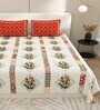 Cream And Red Block Print  144 TC Cotton King Size  Bedsheet With 2 Pillow Cover