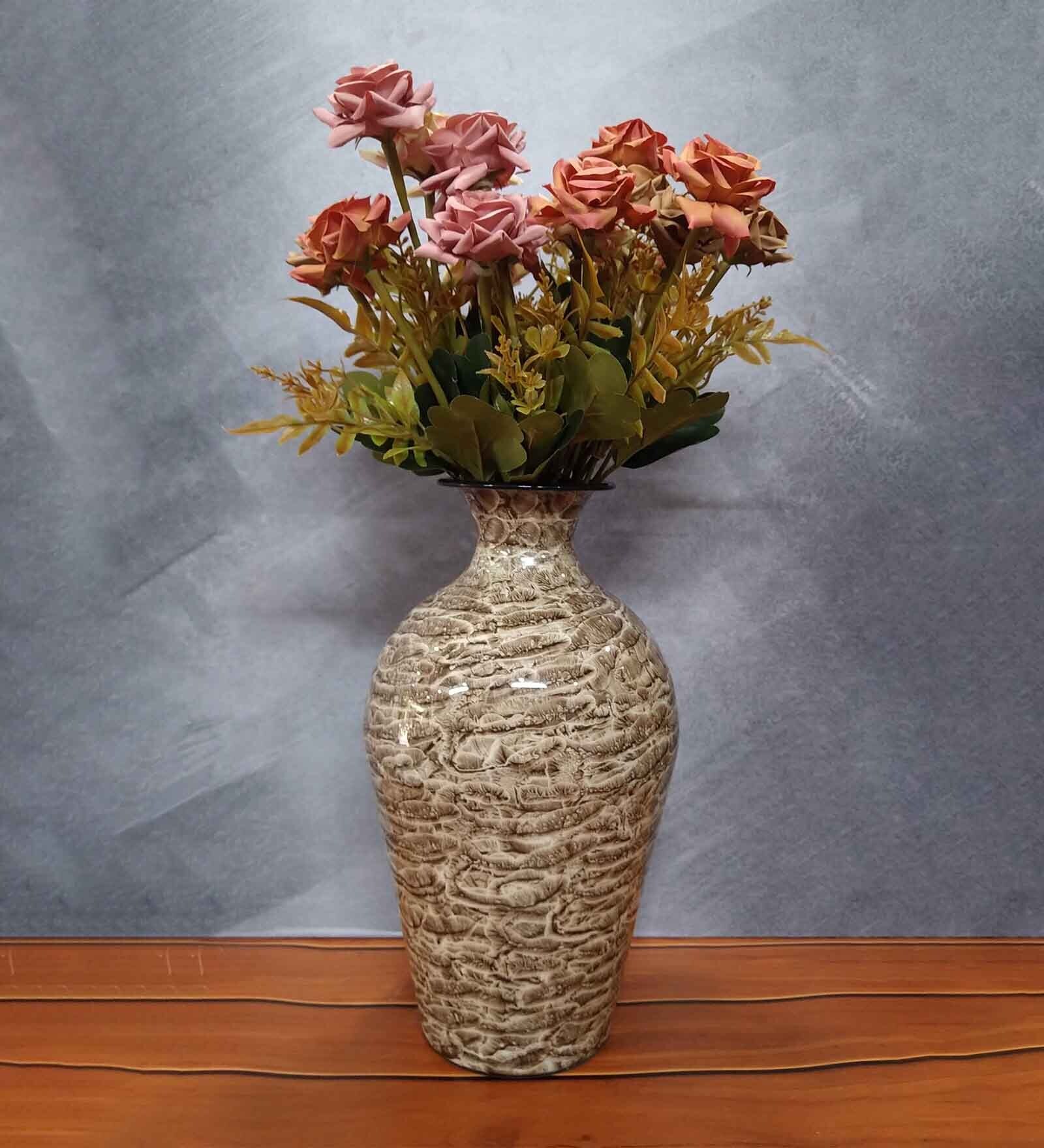 Floral White & Brown Metal Vase