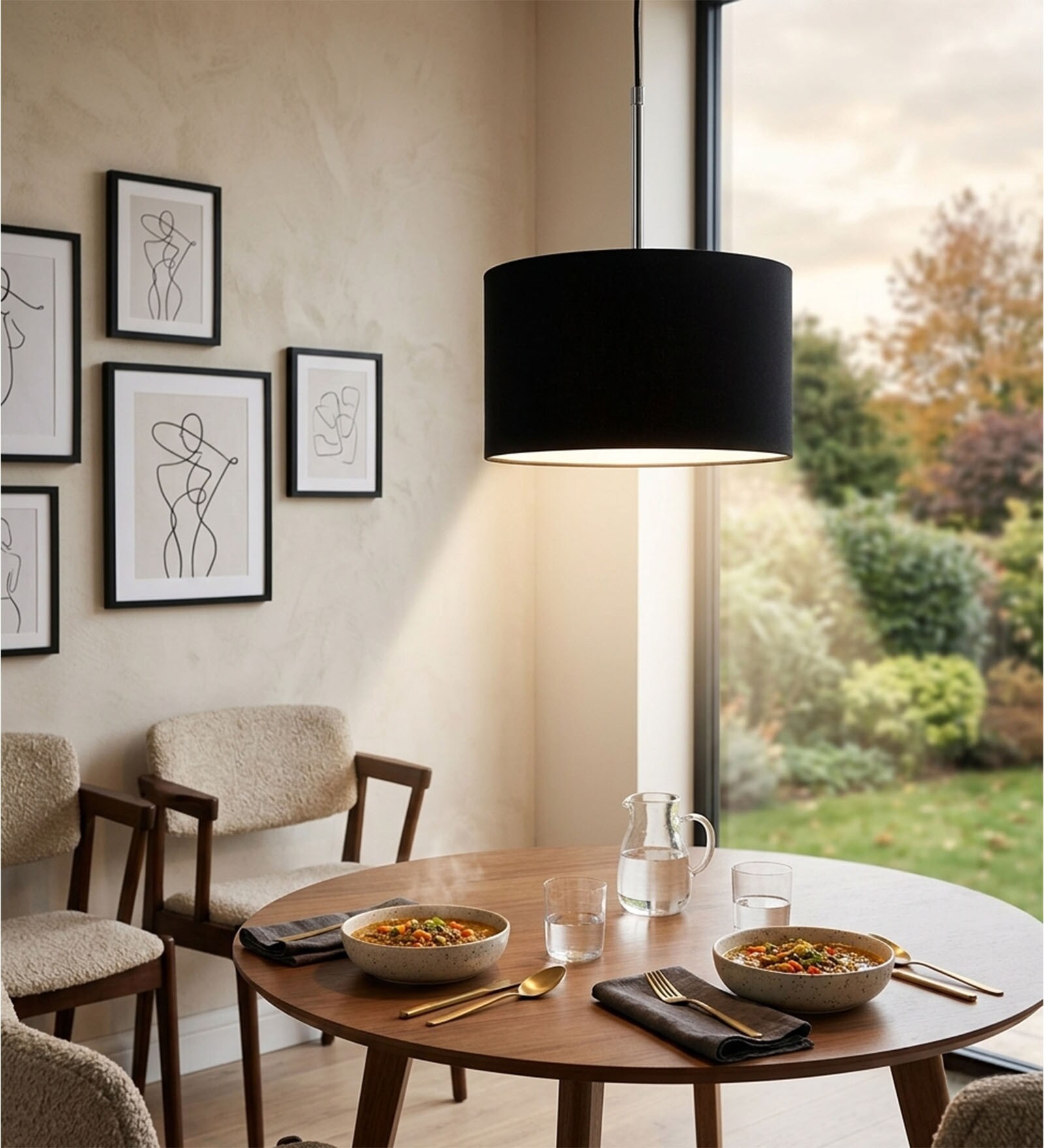 12-Inch Black Fabric Drum Pendant Light