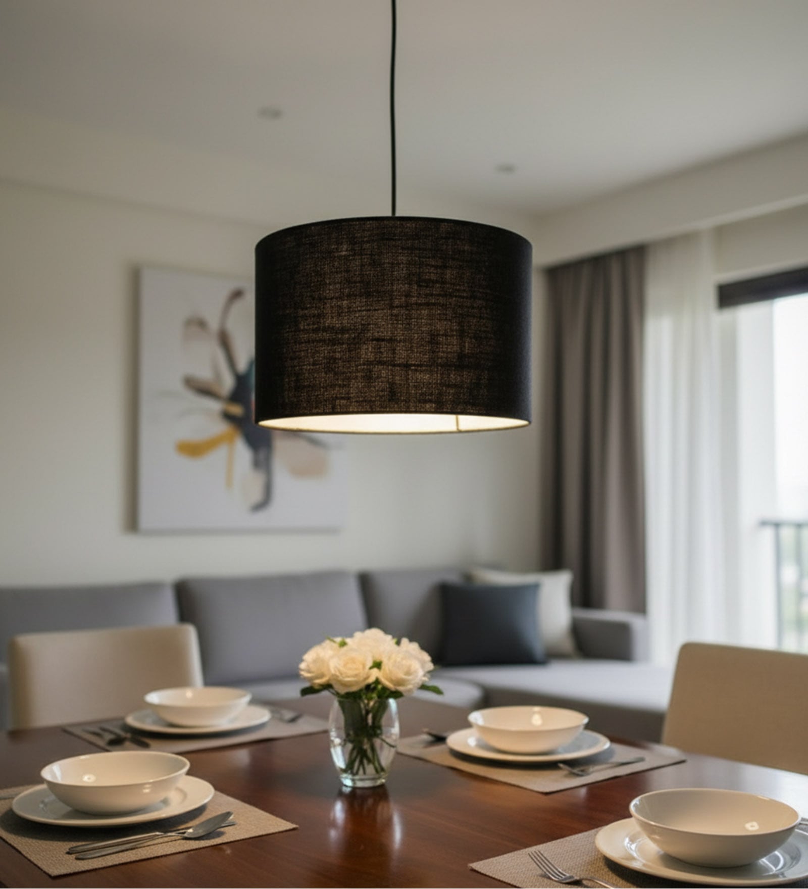 12-Inch Black Jute Fabric Drum Pendant Light, Modern Hanging Ceiling Lamp