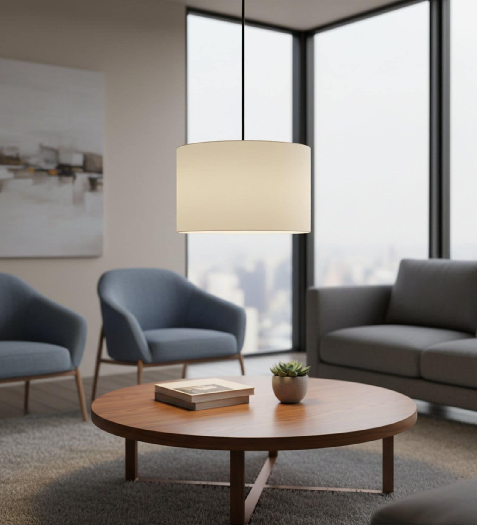 12-Inch Cream Fabric Drum Pendant Light, Modern Hanging Ceiling Lamp