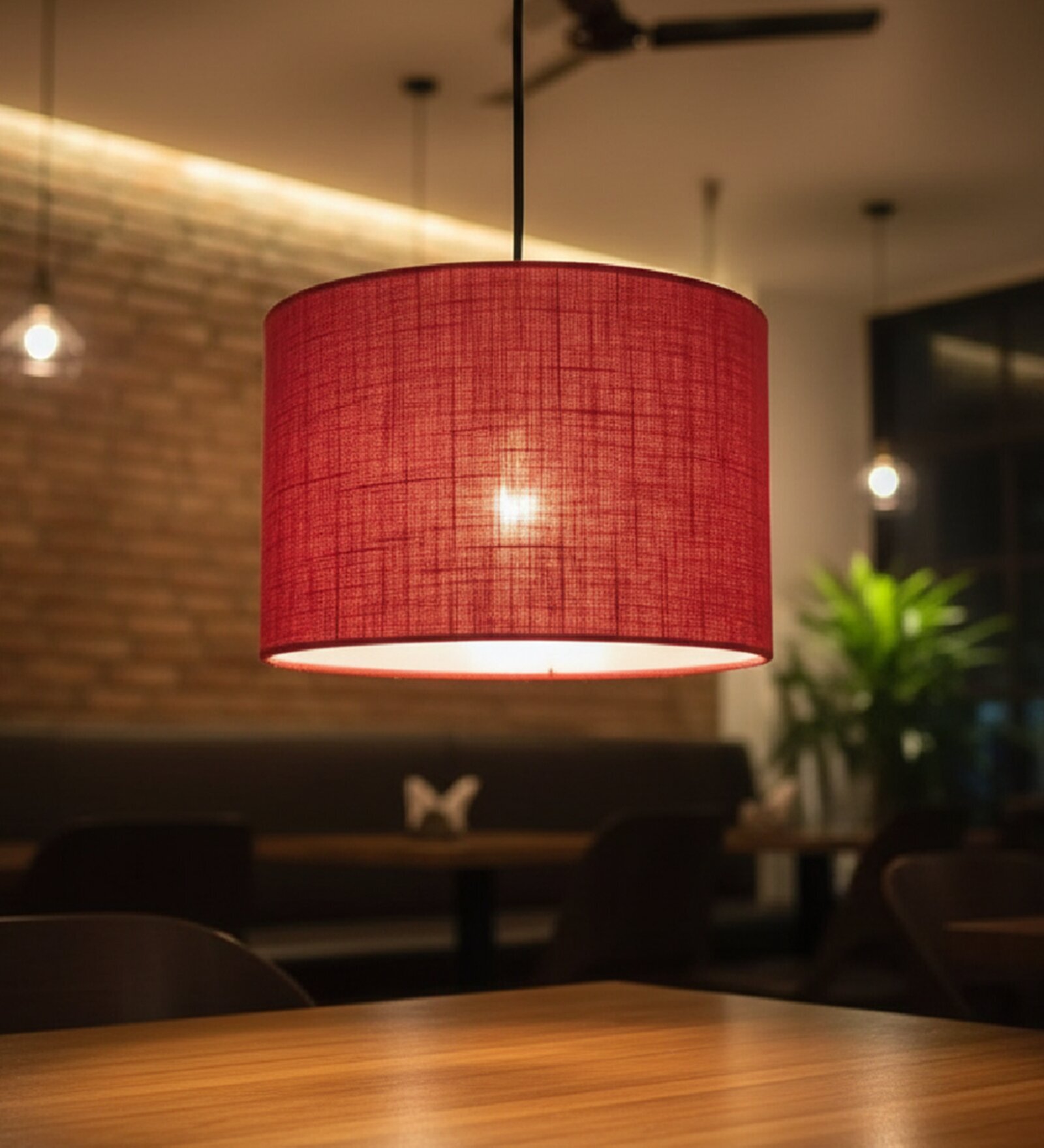 12-Inch Red Jute Fabric Drum Pendant Light, Modern Hanging Ceiling Lamp