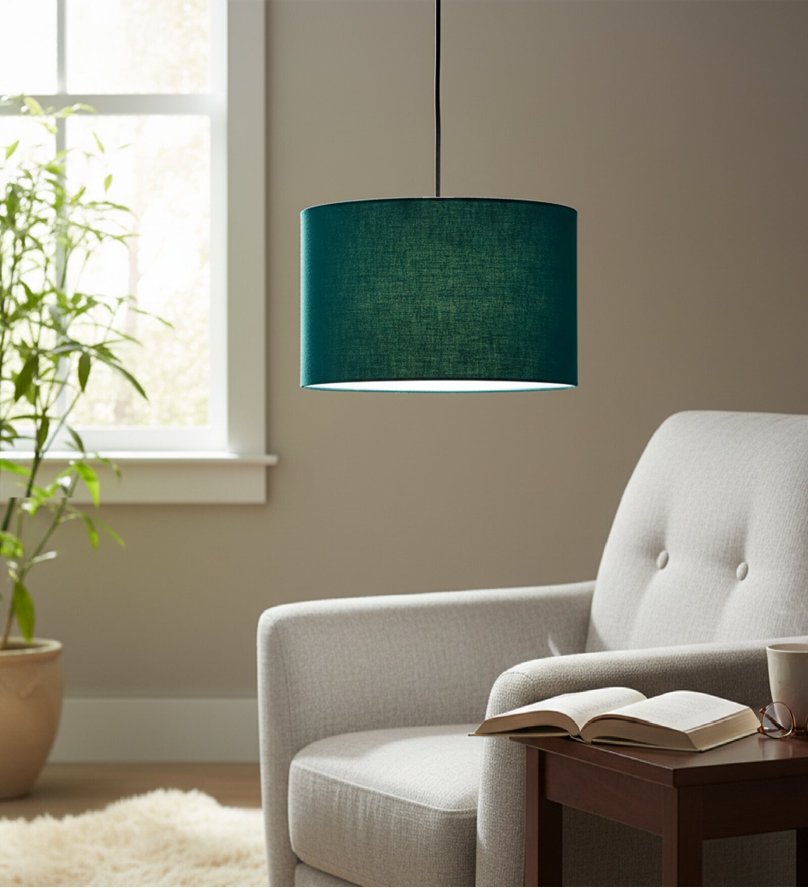 12-Inch Teal Fabric Drum Pendant Light, Modern Hanging Ceiling Lamp