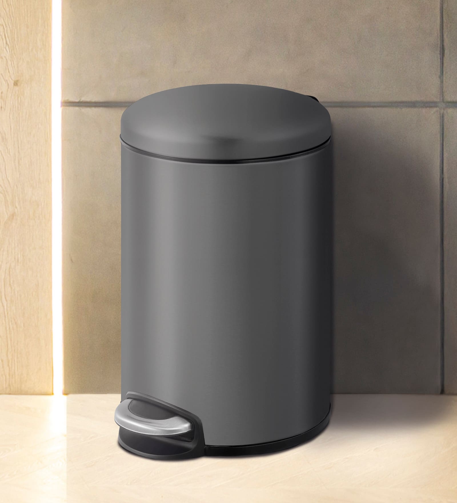 Titanium Grey 12L Bathroom Trash Can with Lid Soft-Close Pedal Bin