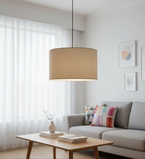 12-Inch Beige Fabric Drum Pendant Light