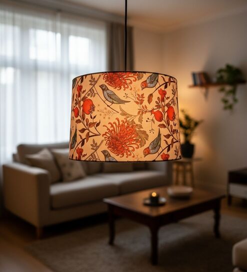 12-Inch Bird & Floral Printed Fabric Drum Pendant Light, Modern Hanging Ceiling Lamp