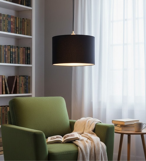 12-Inch Black Fabric Drum Pendant Light, Modern Hanging Ceiling Lamp