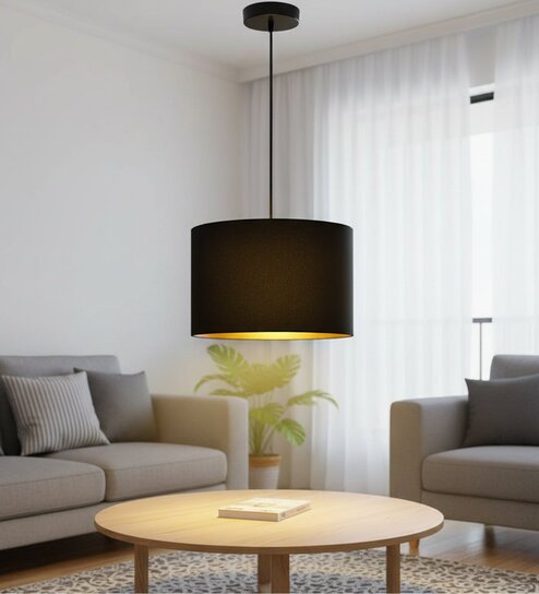 12-Inch Black Gold Fabric Drum Pendant Light, Modern Hanging Ceiling Lamp