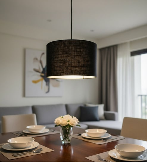 12-Inch Black Jute Fabric Drum Pendant Light