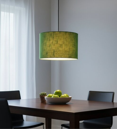 12-Inch Green Texture Fabric Drum Pendant Light, Modern Hanging Ceiling Lamp