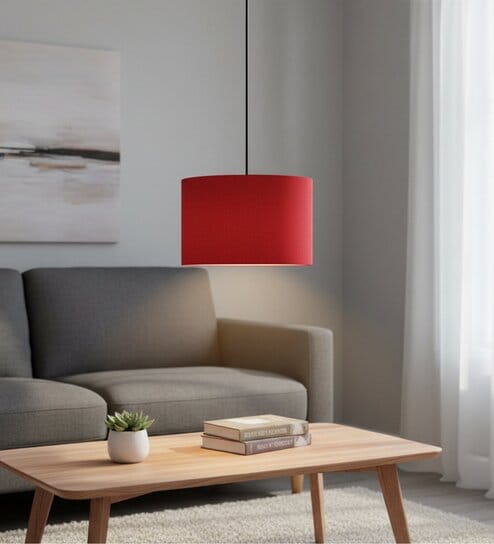 12-Inch Red Fabric Drum Pendant Light, Modern Hanging Ceiling Lamp