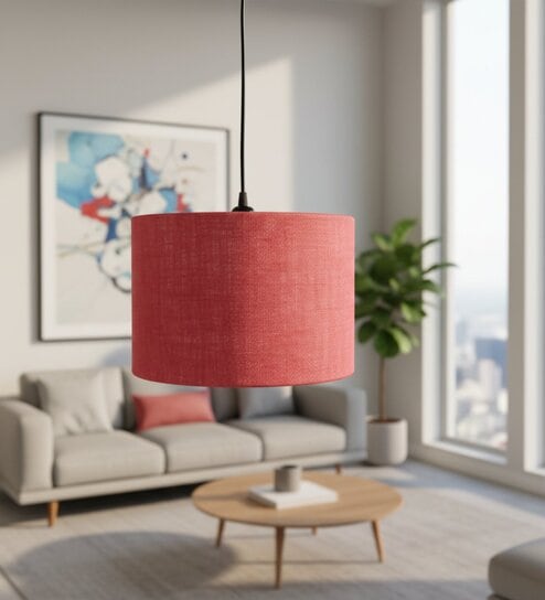 12-Inch Red Jute Fabric Drum Pendant Light