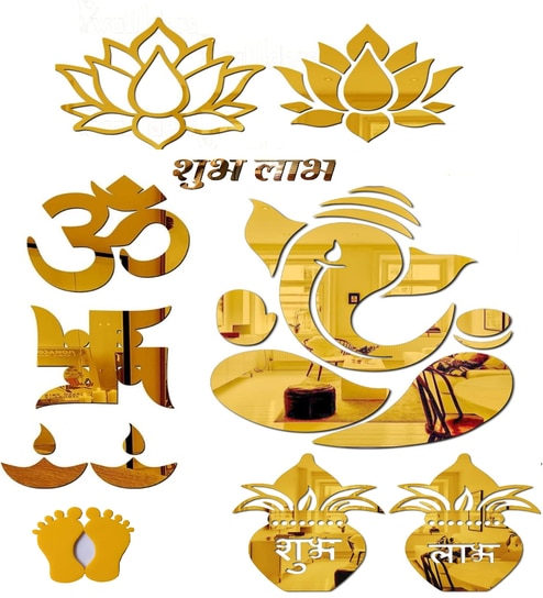 12Pcs Ganesha Om Swastik Acrylic Golden Mirror Look Self Adhesive Stickers