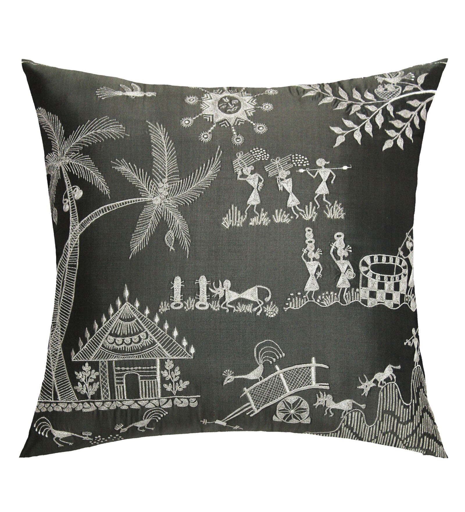 Buy Grey Art Silk 16 x 16 Inch Warli Art Embroidery Cushion Cover by 13