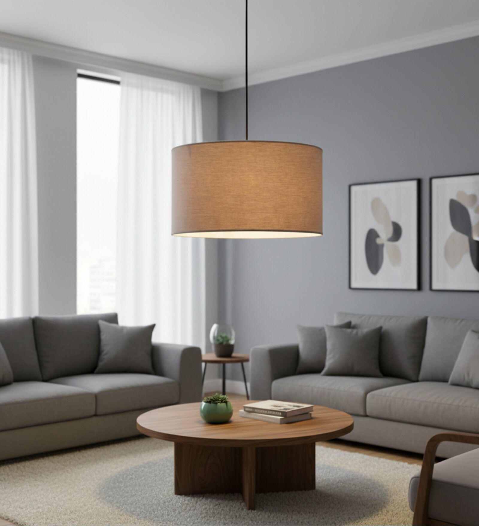 14-Inch Beige Fabric Drum Pendant Light