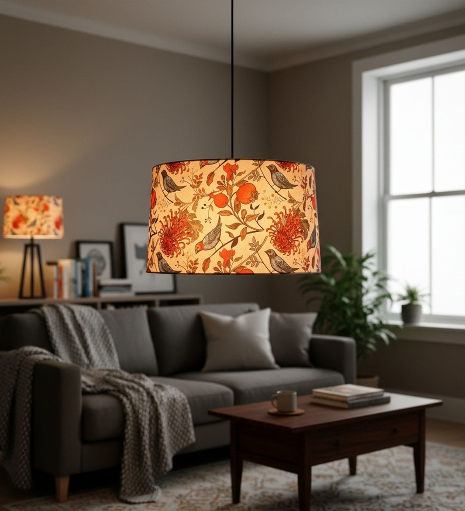 14-Inch Bird & Floral Printed Fabric Drum Pendant Light, Modern Hanging Ceiling Lamp