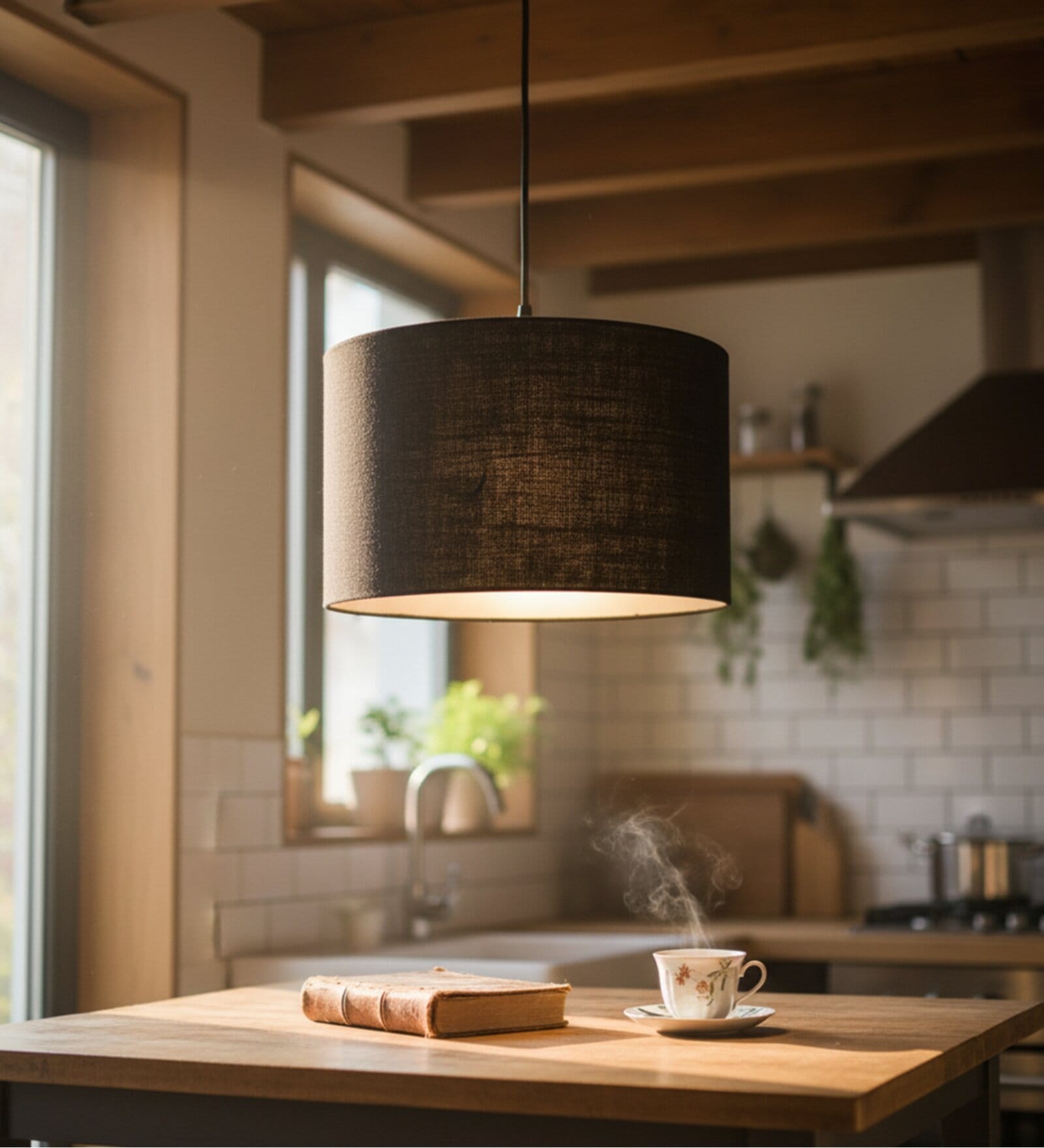 14-Inch Black Jute Fabric Drum Pendant Light, Modern Hanging Ceiling Lamp