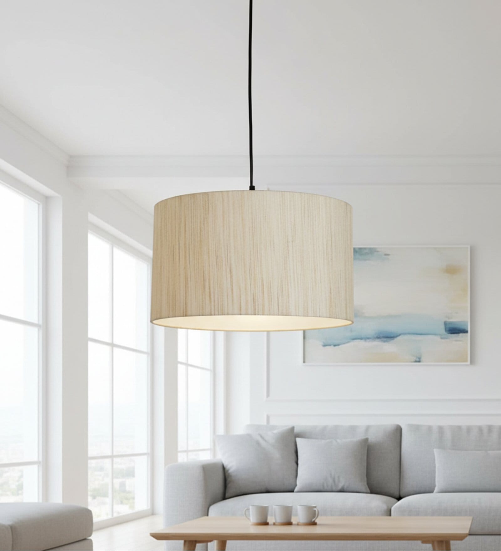 14-Inch Cream Texture Fabric Drum Pendant Light, Modern Hanging Ceiling Lamp