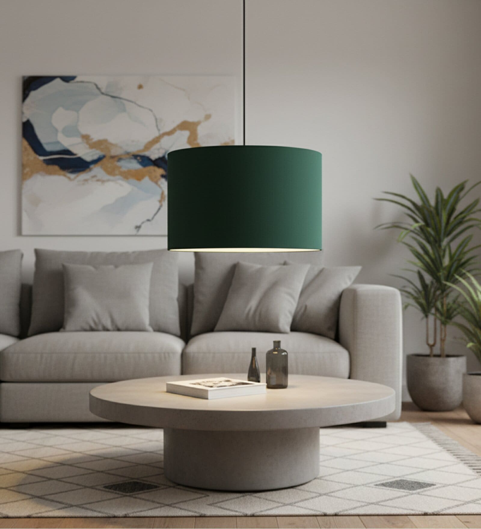 14-Inch Dark Green Fabric Drum Pendant Light