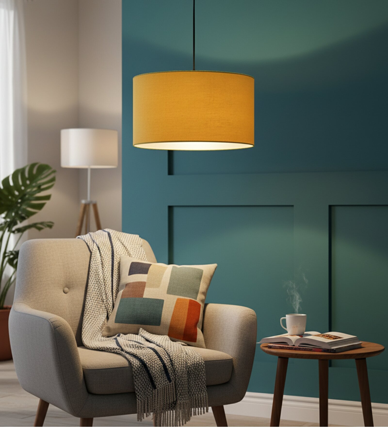 14-Inch Dark Yellow Fabric Drum Pendant Light, Modern Hanging Ceiling Lamp