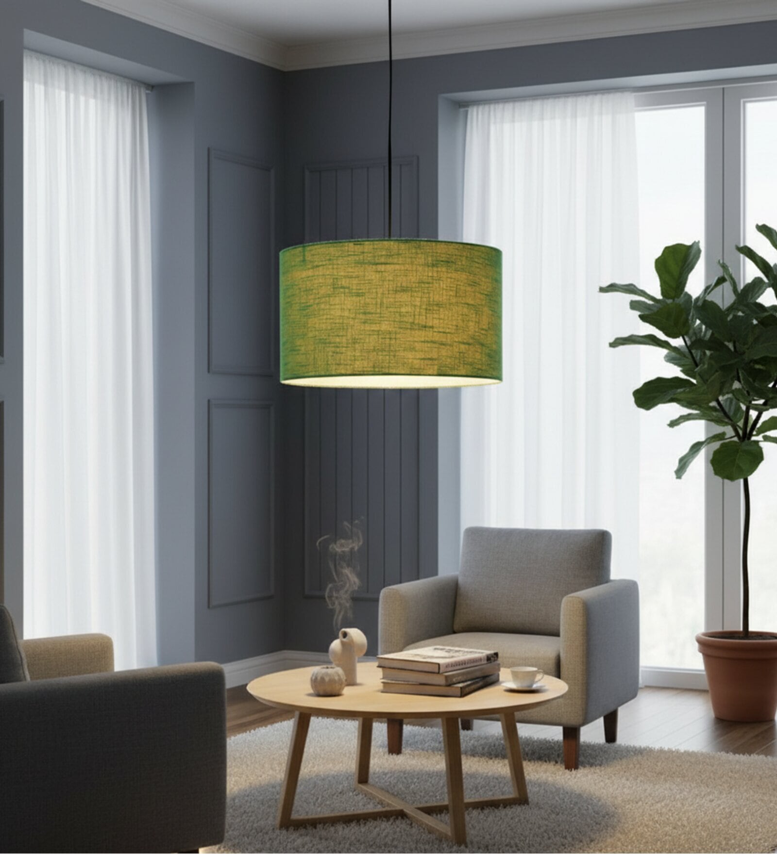14-Inch Green Texture Fabric Drum Pendant Light, Modern Hanging Ceiling Lamp