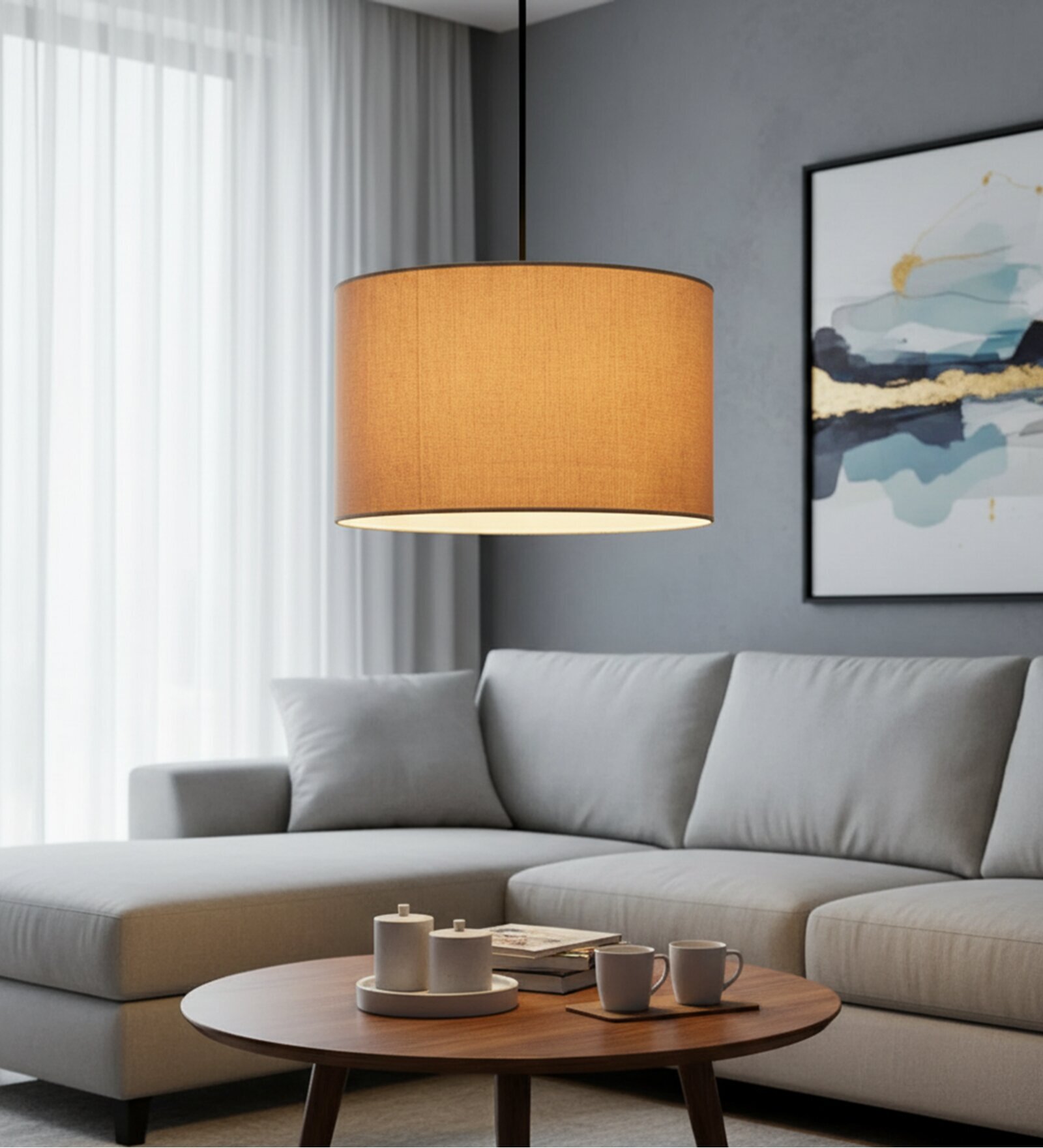 14-Inch Premium Jute Fabric Drum Pendant Light, Modern Hanging Ceiling Lamp