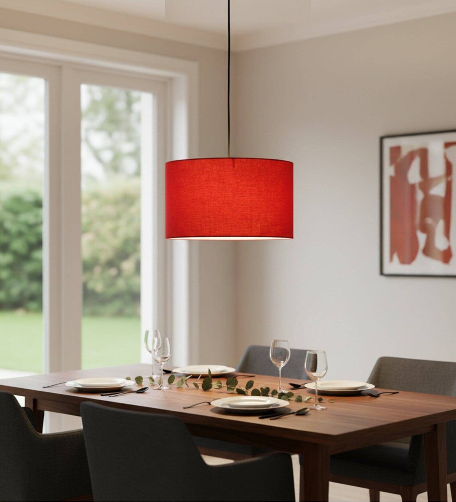 14-Inch Red Fabric Drum Pendant Light, Modern Hanging Ceiling Lamp