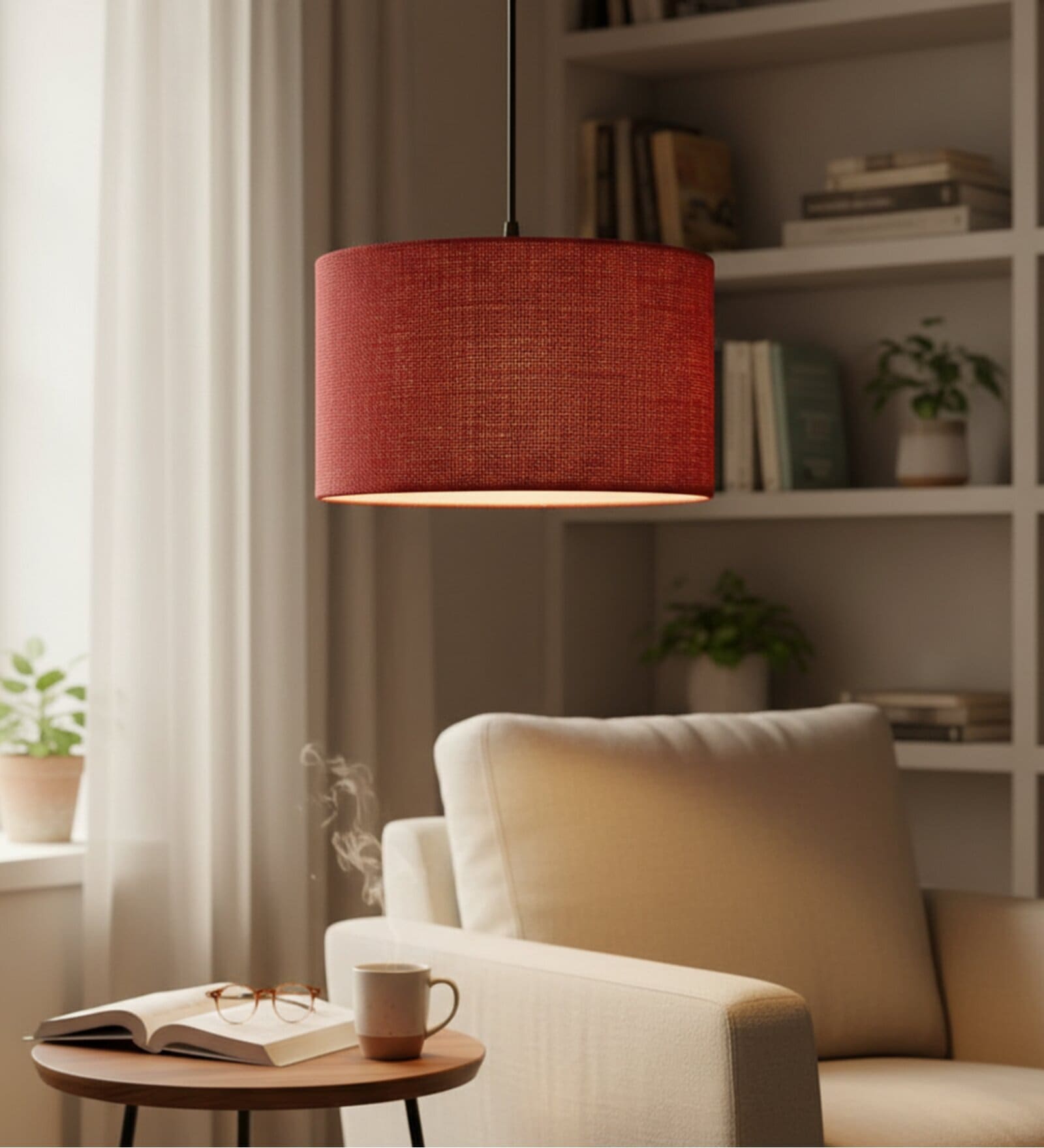 14-Inch Red Jute Fabric Drum Pendant Light, Modern Hanging Ceiling Lamp