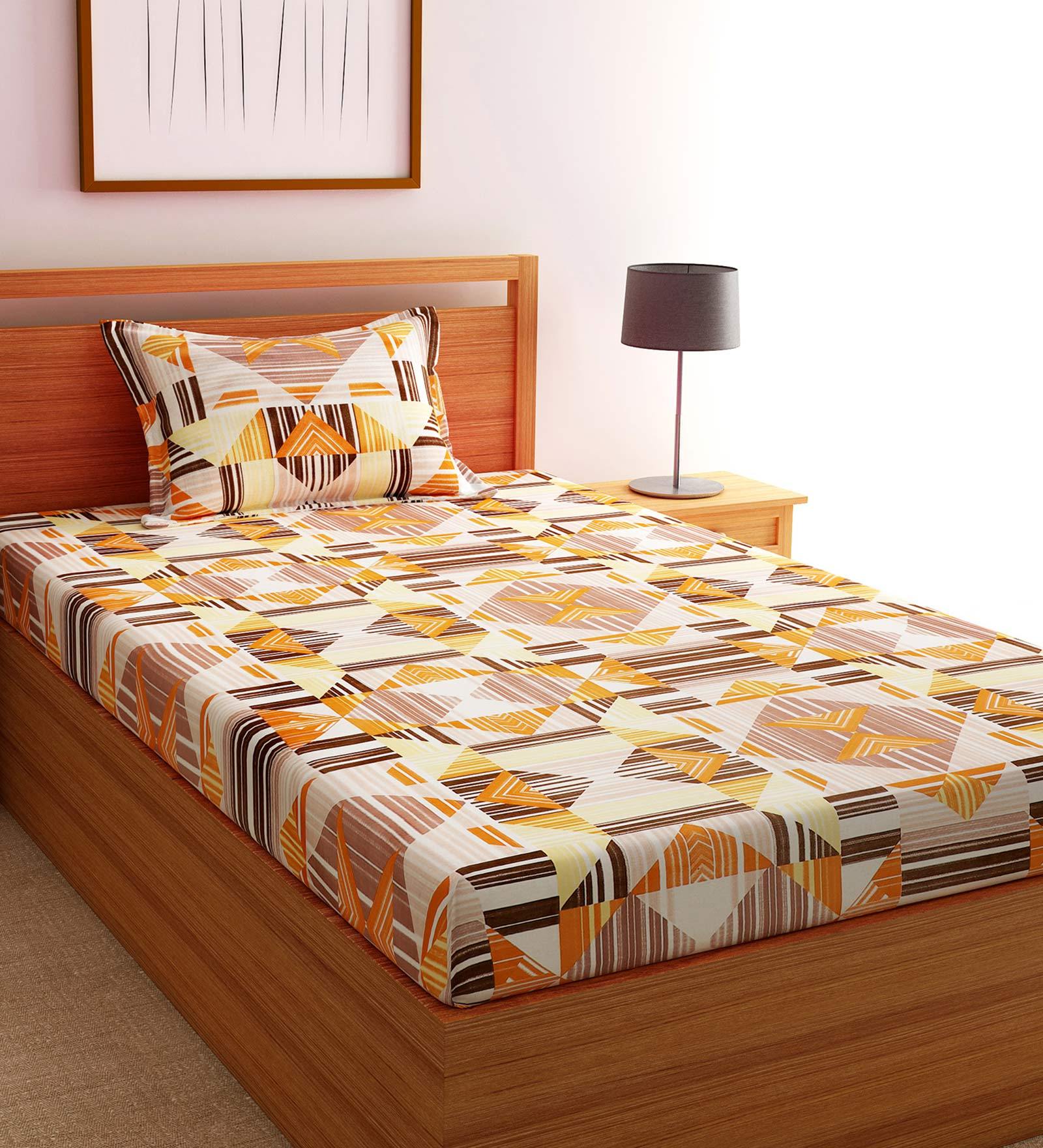 Buy Orange Geometric 144 TC Cotton Blend Single Bed Sized Bed Sheets ...