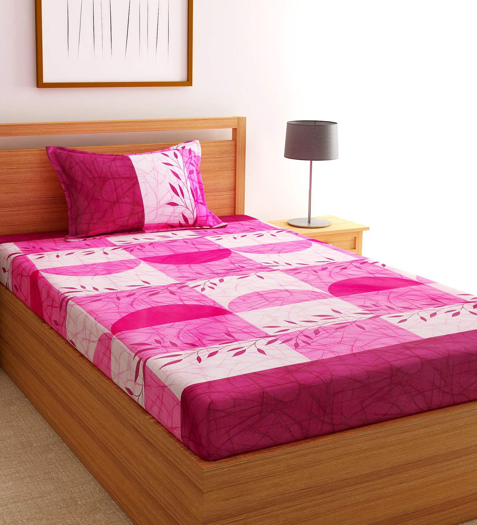 Pink Floral 144 TC Cotton Blend Single Bed Sized Bed Sheets With 1 Pillow Cover
