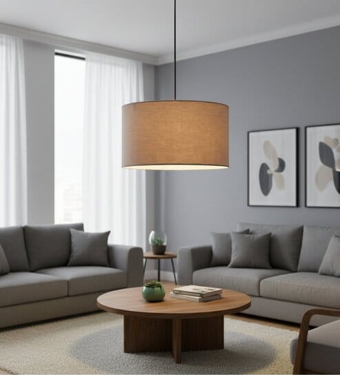 14-Inch Beige Fabric Drum Pendant Light